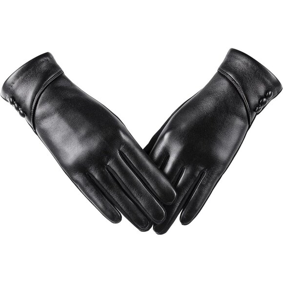 Women's Black Winter Leather Touch Screen Wool Lined Windproof Warm Dress Gloves - Picture 1 of 7